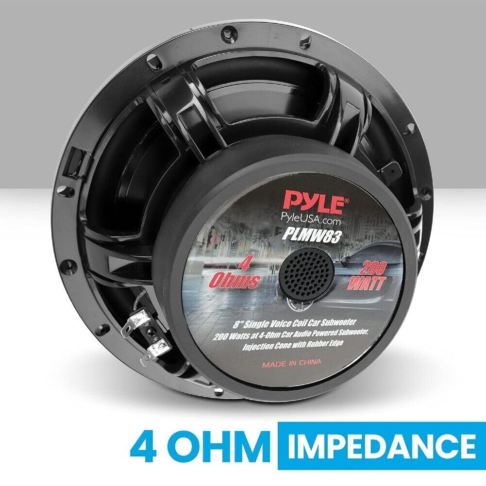 KIT SET PER PYLE PLMW83 1 subwoofer da 20 cm 200 mm 8" di diametro, 100 watt rms 200 watt max, singola bobina, impedenza 4 ohm, 91 db, sospensione in gomma, per bagagliaio auto, 1 pezzo
