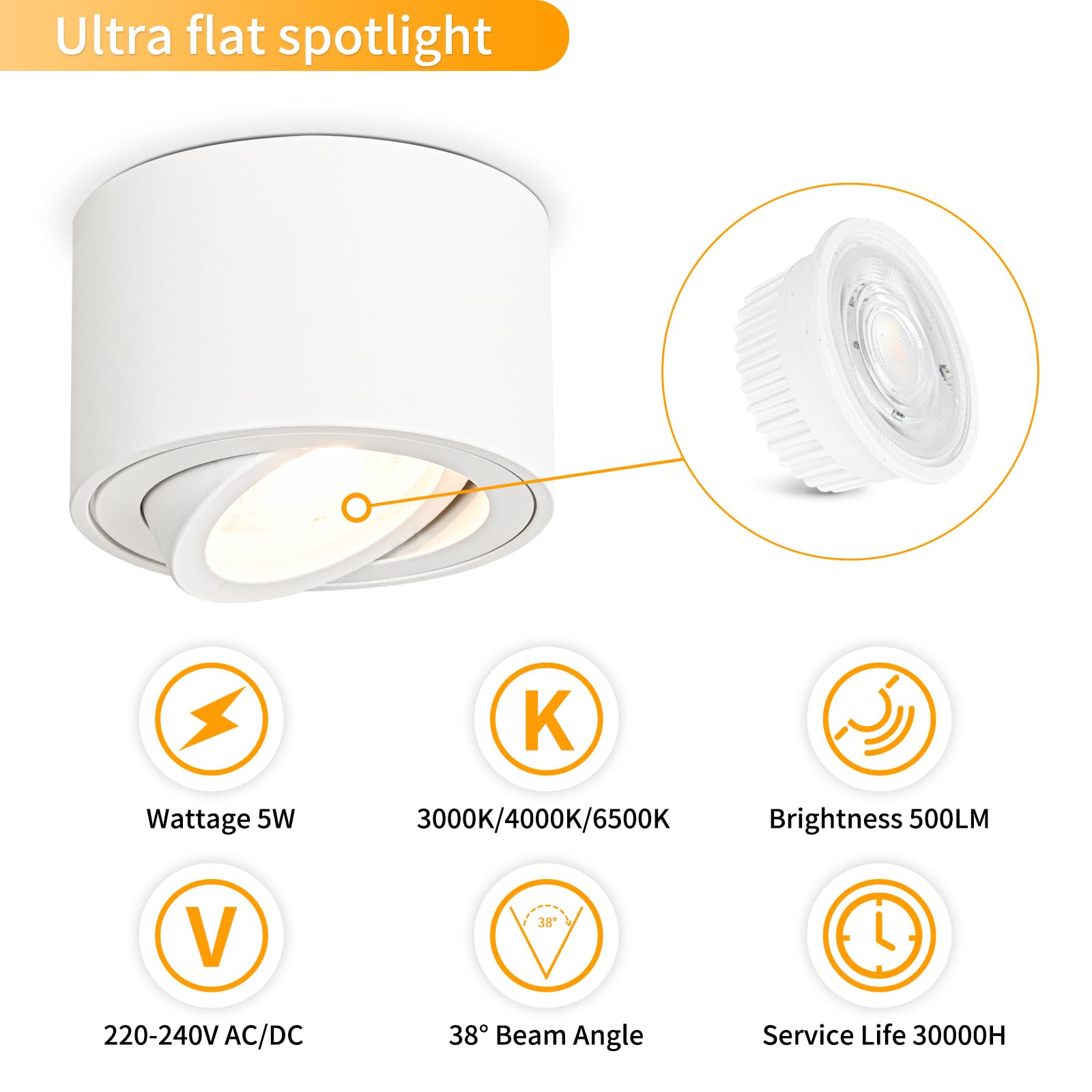 GeyouLux Focos LED Interior Techo Regulable 5W Ø80x50mm Orientable Focos Techo 3000K/4000K/6500K 500LM Lampara Focos Techo Superficie 230V Aluminio Blanco Redondo Focos LED Techo 4 piezas