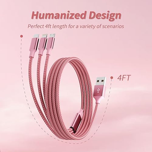 Miniatura 6 de IDISON Cable de carga múltiple (paquete de 2 de 4 pies), cable de carga 3 en 1 de nailon trenzado, cable de carga rápida universal UBS con puerto