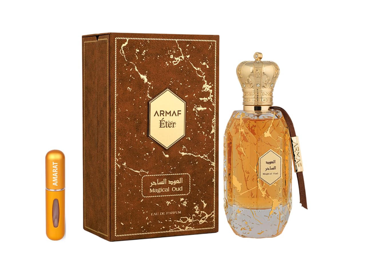 Armaf Eter Magical Oud Eau de Parfum 100 ml, Perfume Árabe para Mujer de Larga Duración, Incluye Atomizador Recargable 5 ml, Fragancia Amaderada y Moderna con Vetiver, Cachemira y Ámbar (Magical Oud)