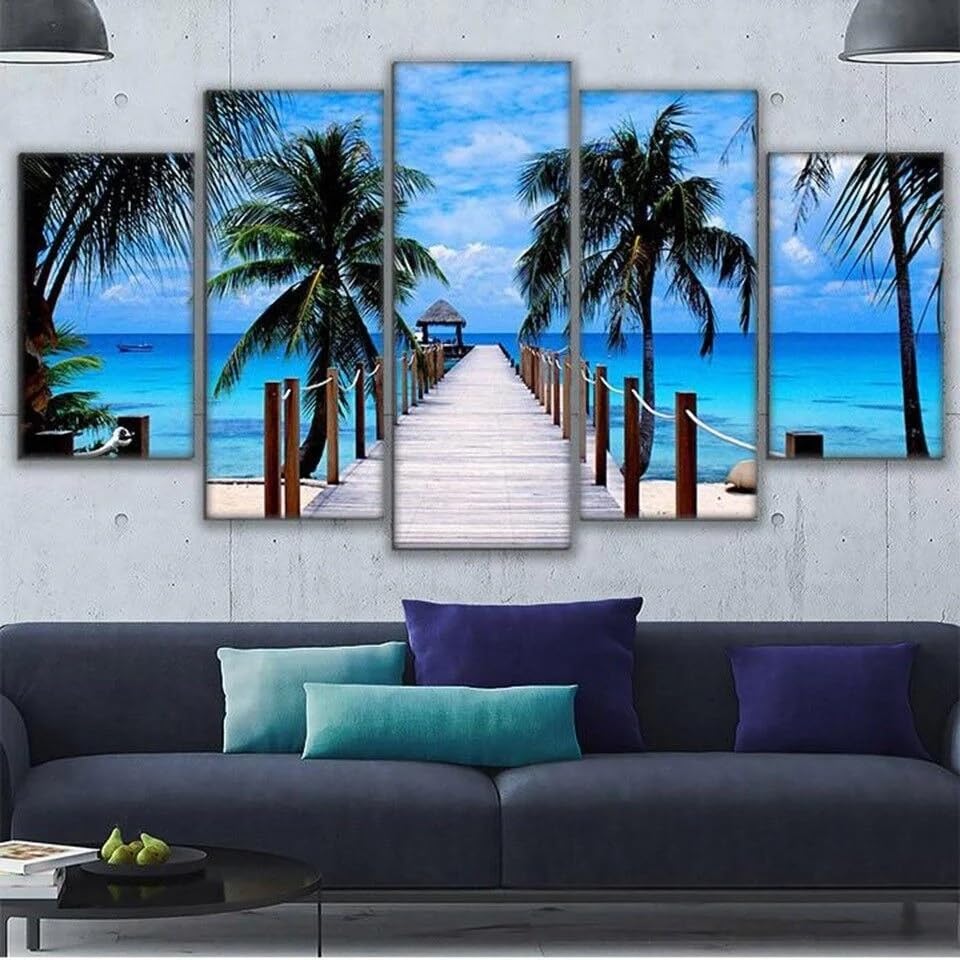 Deco Murale Salon 5 Parties Impression sur Toile Plage Palmiers Pont Grand Tableau avec Cadre