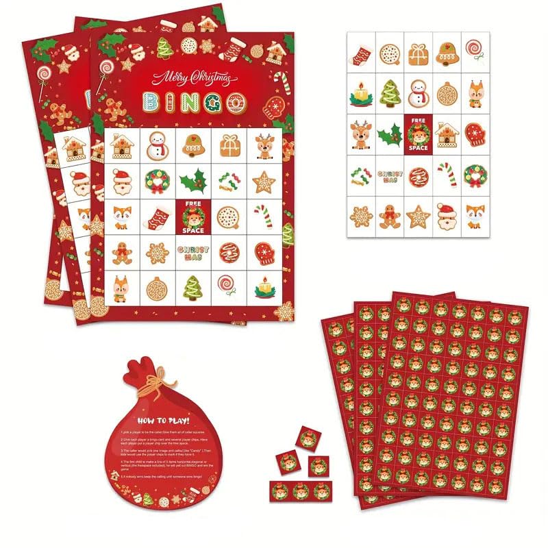 Juego de bingo de Navidad, 24 tarjetas de jugador con tarjetas de llamadas y marcadores, divertido juego de fiesta familiar para niños y adultos, diseños festivos de renos, Papá Noel, muñeco de nieve
