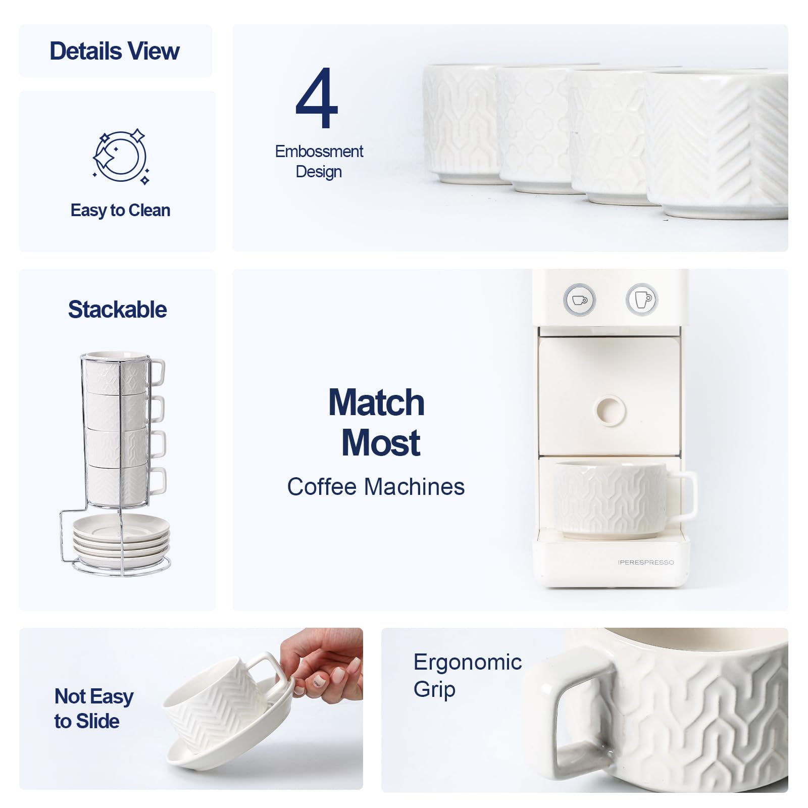 Sureasy Tazas de café expreso de cerámica con platillos y soporte de metal, tazas Demitasse de 4 onzas, tazas de espresso pequeñas apilables, tazas de café para capuchino, latte, moca, café, té, juego