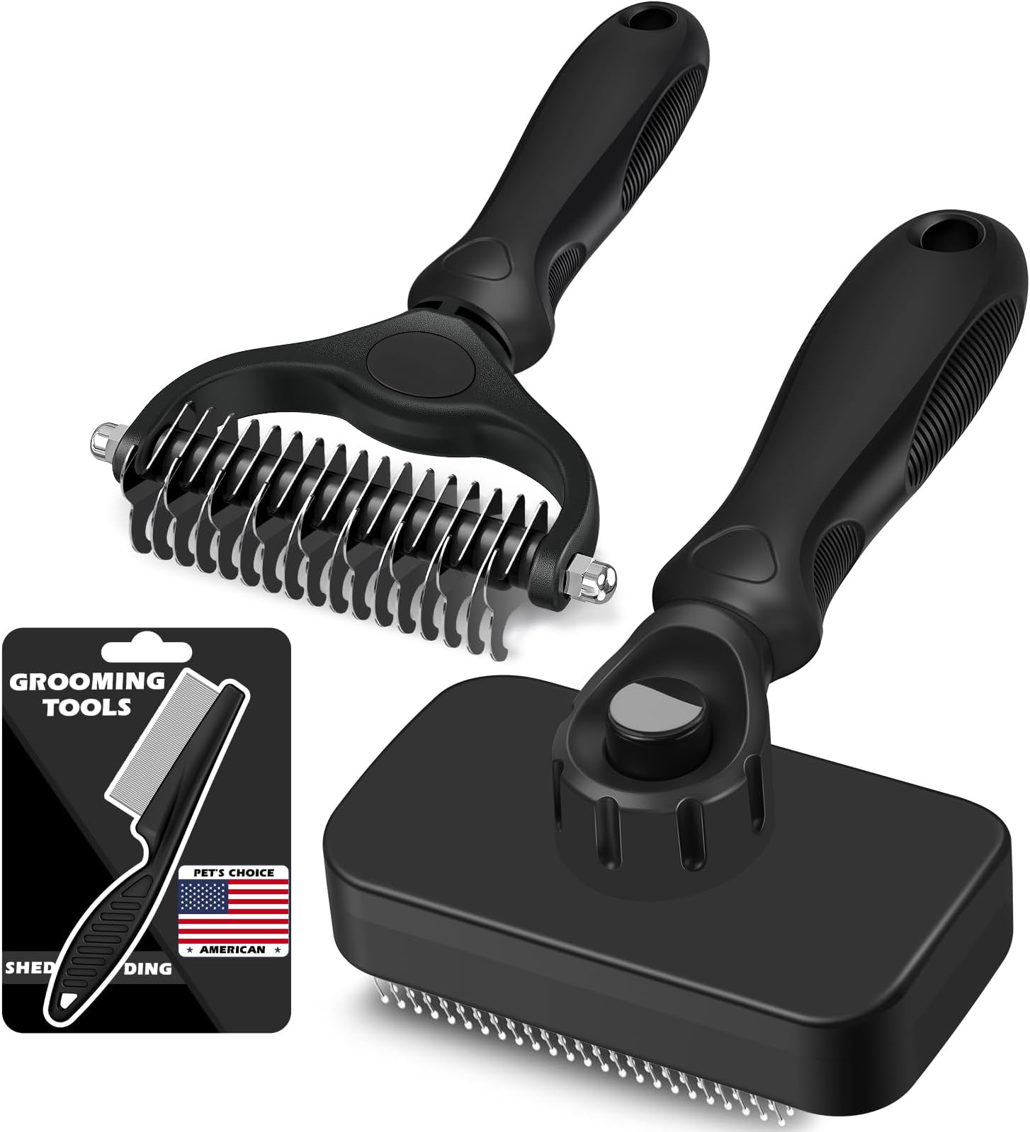 Professional 3PCS Self Cleaning Slicker Brush & Pet Grooming Rake & Flea Comb for Dogs,Cats and Horses | Double-Sided Dematting Comb & Skin Friendly Deshedding Grooming Tool | Pet Supplies (Black)