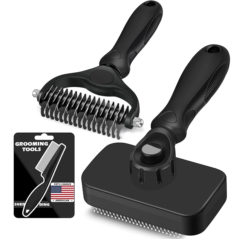 Kit de Higiene e Tosa Augwind com Rastelo Desembaraçador, Escova Autolimpante e Pente para Pulgas, Preto, 3 Peças