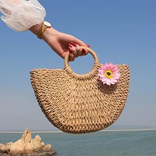 Borse da donna in paglia,Borsa di paglia, borsa da donna, borsa da spiaggia da donna-Girasole in polvere color kaki_piccolo,Borsa a tracolla in paglia