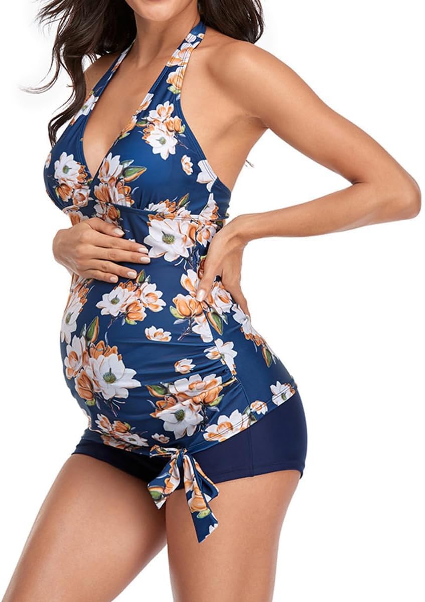 Maternity Two Piece Swimsuit Halter Floral Tankini High Waist Pregnancy Bathing Suit Ruched Tops with Shorts