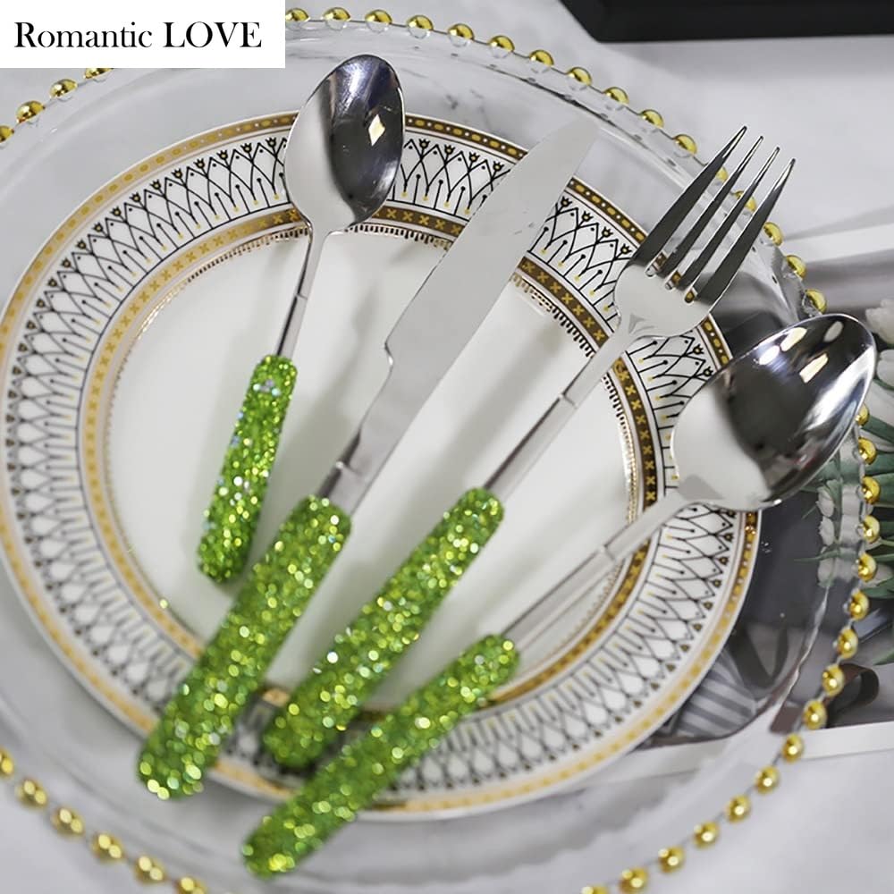 Romantic LOVE Lussuoso Set Di Posate in Acciaio Inossidabile Con Manico A Diamante Da 4 - Posate Esclusive Per Donna, Regali Di Compleanno, Regali Di Natale Per I Nuovi Arrivati (Verde)