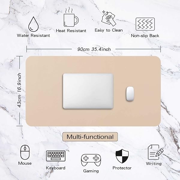 Tapis de Souris Grand Prolongé Mouse Pad Mat XXL sous Main Bureau en Cuir Tapis de Portable Pad Écriture pour Bureau/Domicile/Gaming, PU Étanche + Suède Antidérapant 90 x 43 cm (Beige) - 3