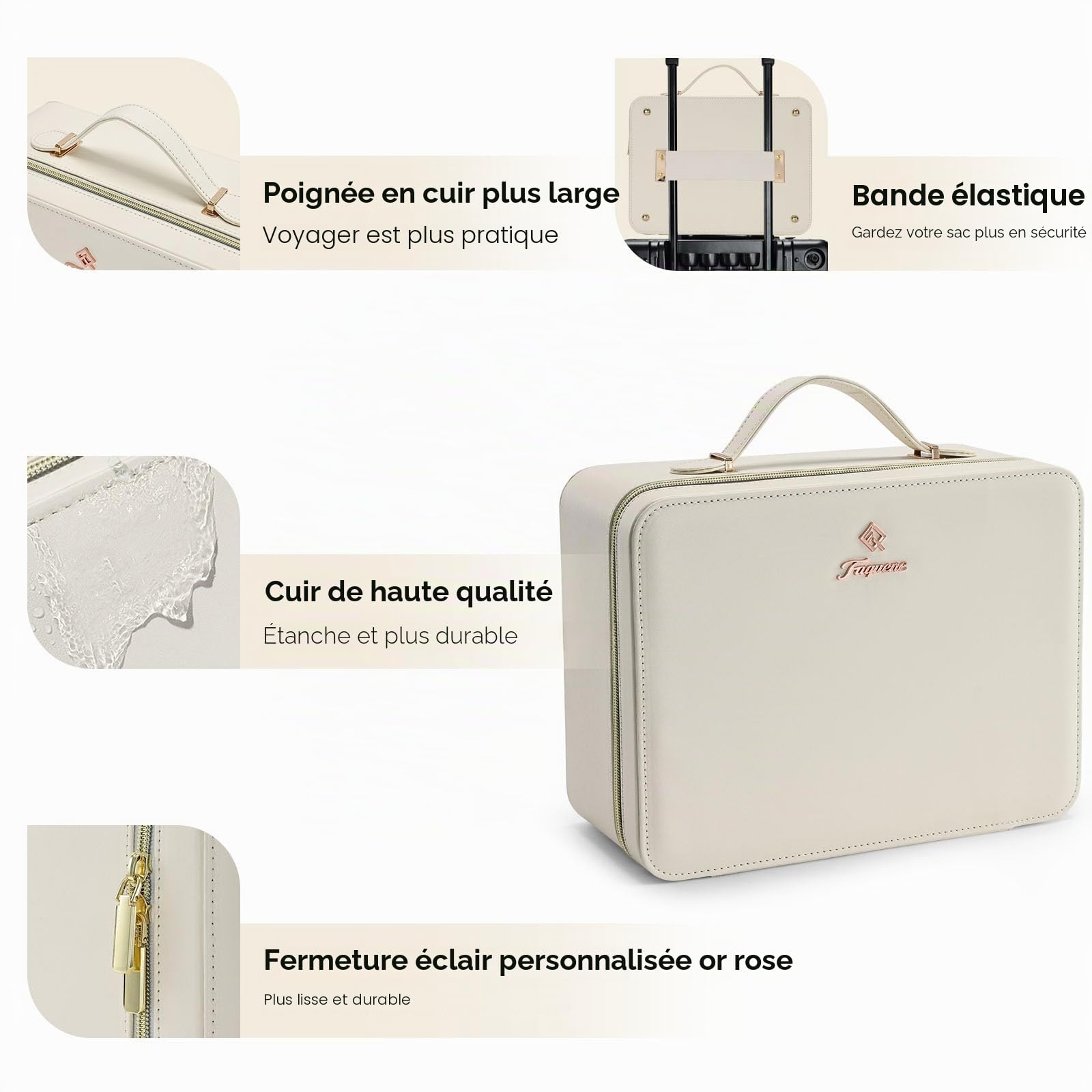 Grande trousse de maquillage avec miroir LED - Miroir lumineux amovible - En cuir synthétique - Portable - Avec séparateurs - Support pour pinceaux de maquillage - Blanc