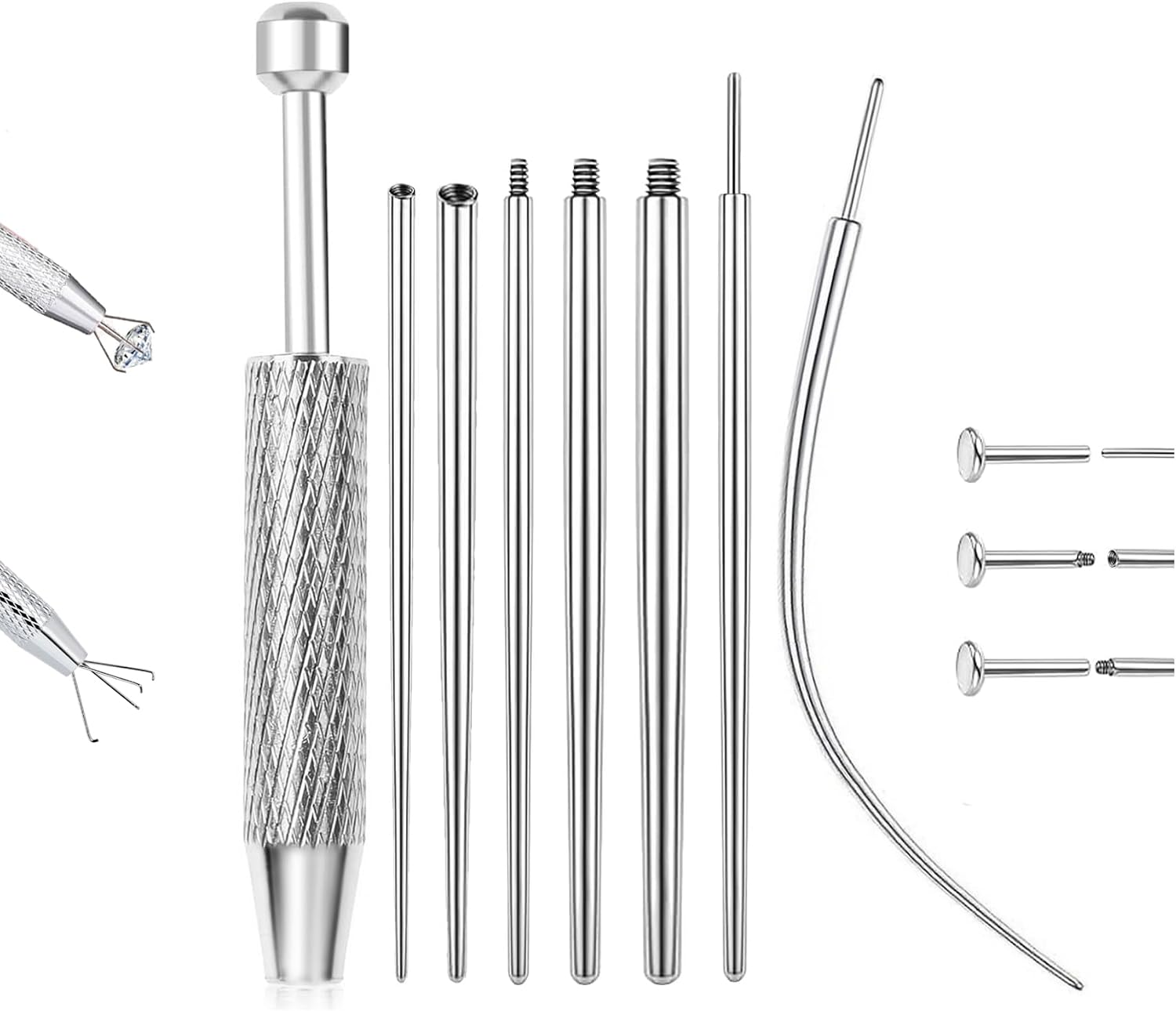 Ear Piercing Taper Kit Threadless Insertion Pin Ball Grabber Tool for Flat Back Earring Changing, 20G 18G 16G 14G Applicator Tool Taper Curved for Nose Conch Septum Cartilage Navel Stretching Assistant Tools