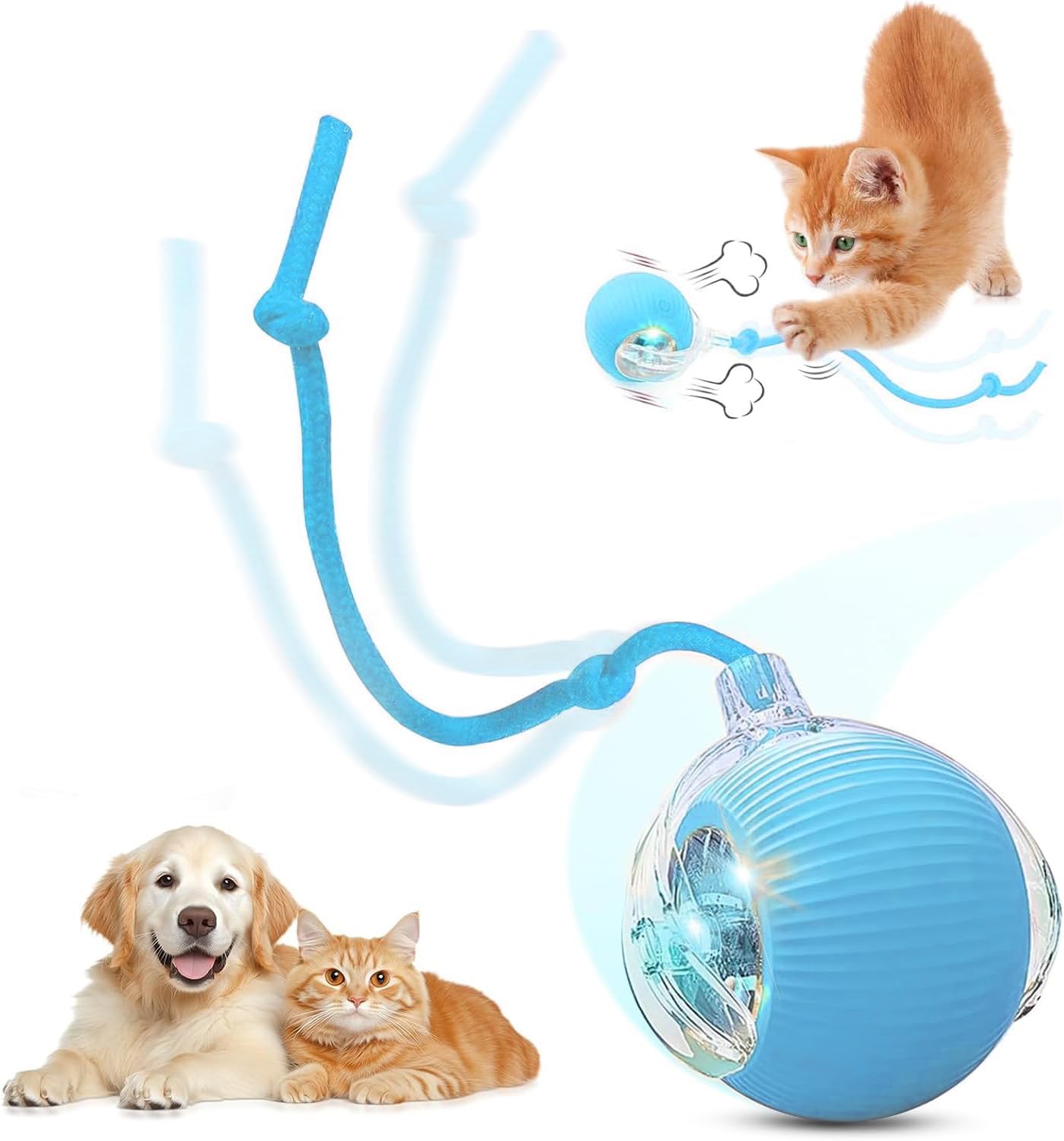 Interactive Electric Automatic Rolling Moving USB Rechargeable Self Activated Play Stimulation Toy Smart Chase Teaser Ball with Speedy Tail Rope for Bored Adult Indoor Cats and Dogs, Red