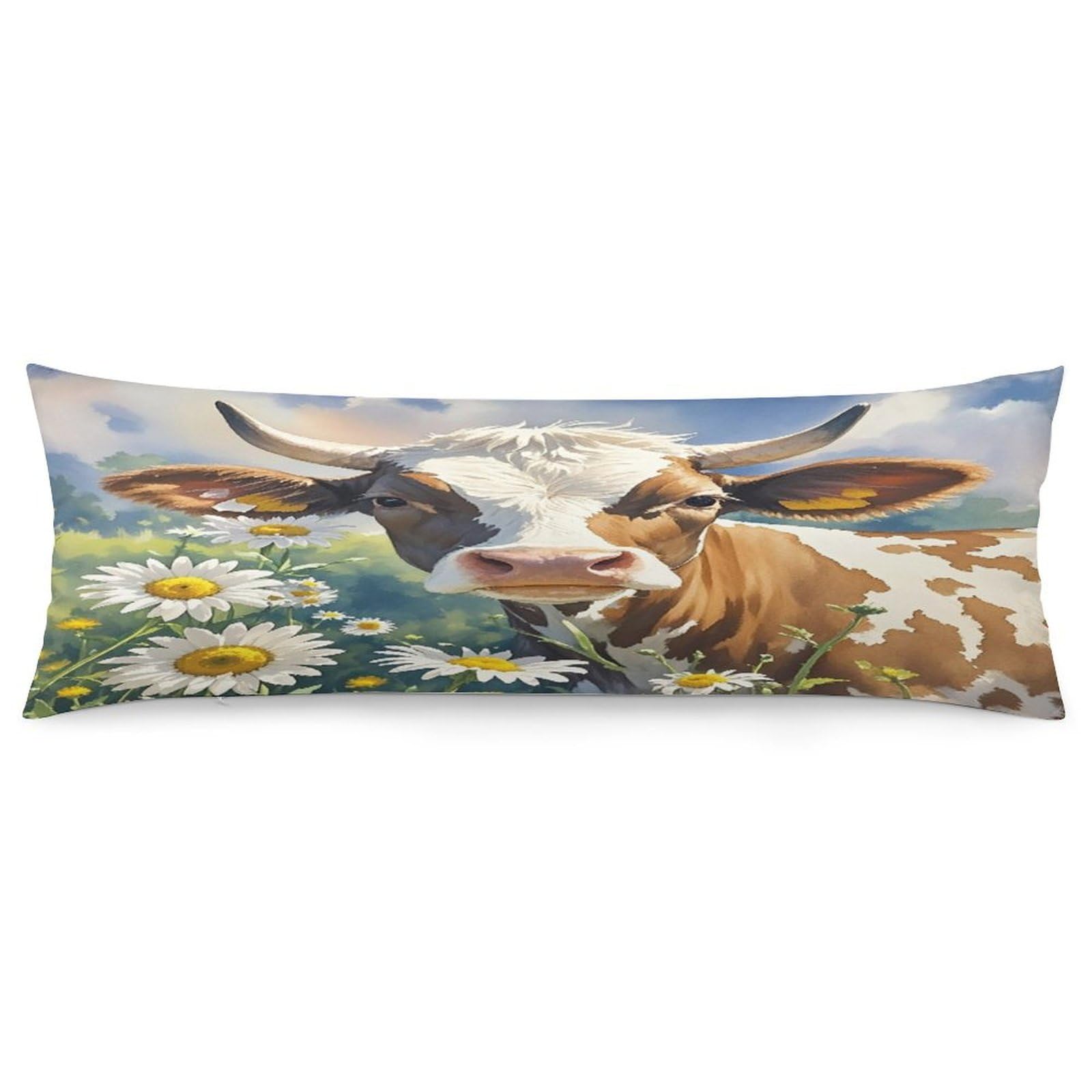 Watercolor Cow and Daisy Flower Pillowcase Decorative Long Body Pillow Case Soft Breathable Body Pillow Cover Modern Large Pillowcase Cute Body Pillow Pillowcases for Bedroom Couch 18.9 X 53 Inch