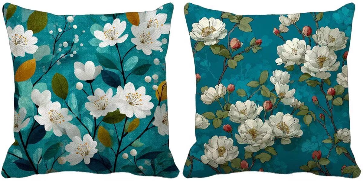 Türkis Kissenbezug 50x50 2er Set Outdoor Kissen Blume Kissenbezüge Leinen Quadrat Sofakissen Mit Unsichtbarem Reißverschluss für Schlafzimmer Wohnzimmer Sommer Garten Balkon Terrassen Deko i8-a4866