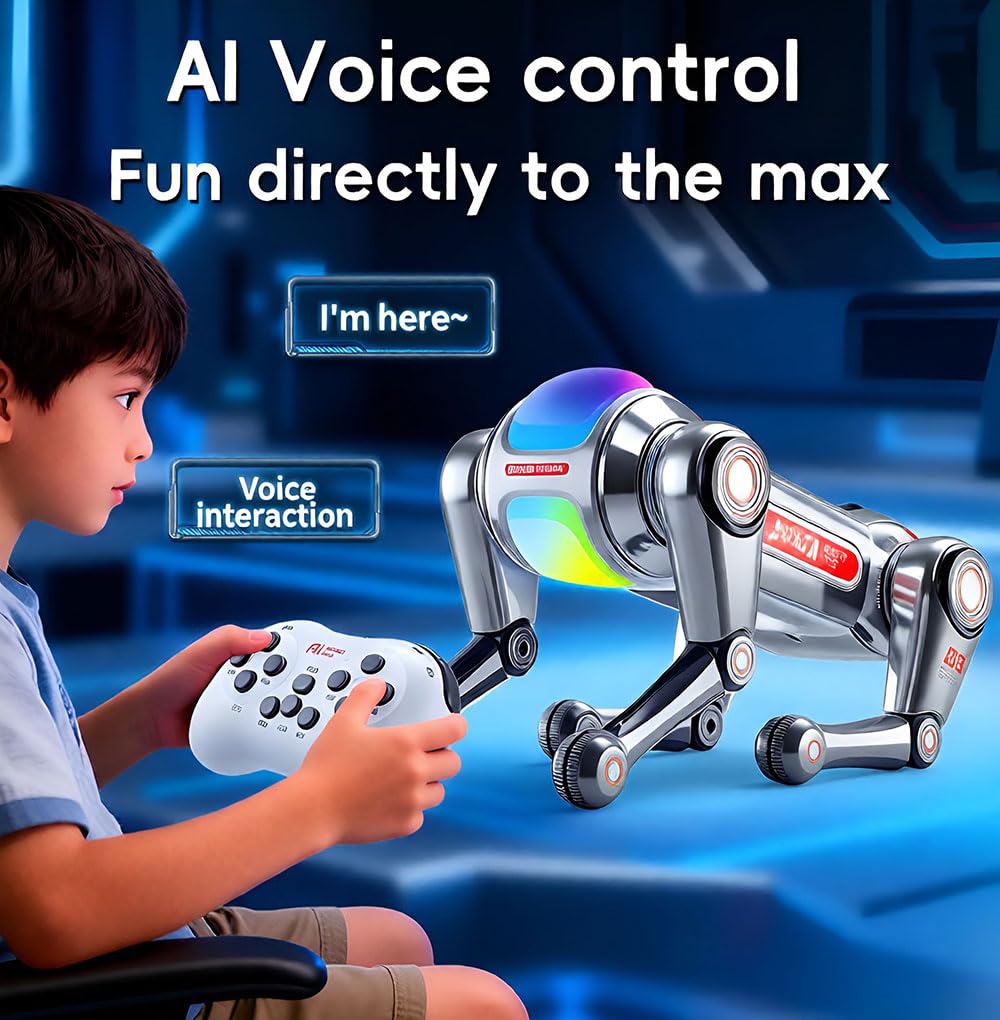 Perro robot inteligente con cesta de almacenamiento extraíble, juguete robot para niños de 3 a 12 años, control por voz, más de 30 acciones y opciones de programación, efectos de iluminación
