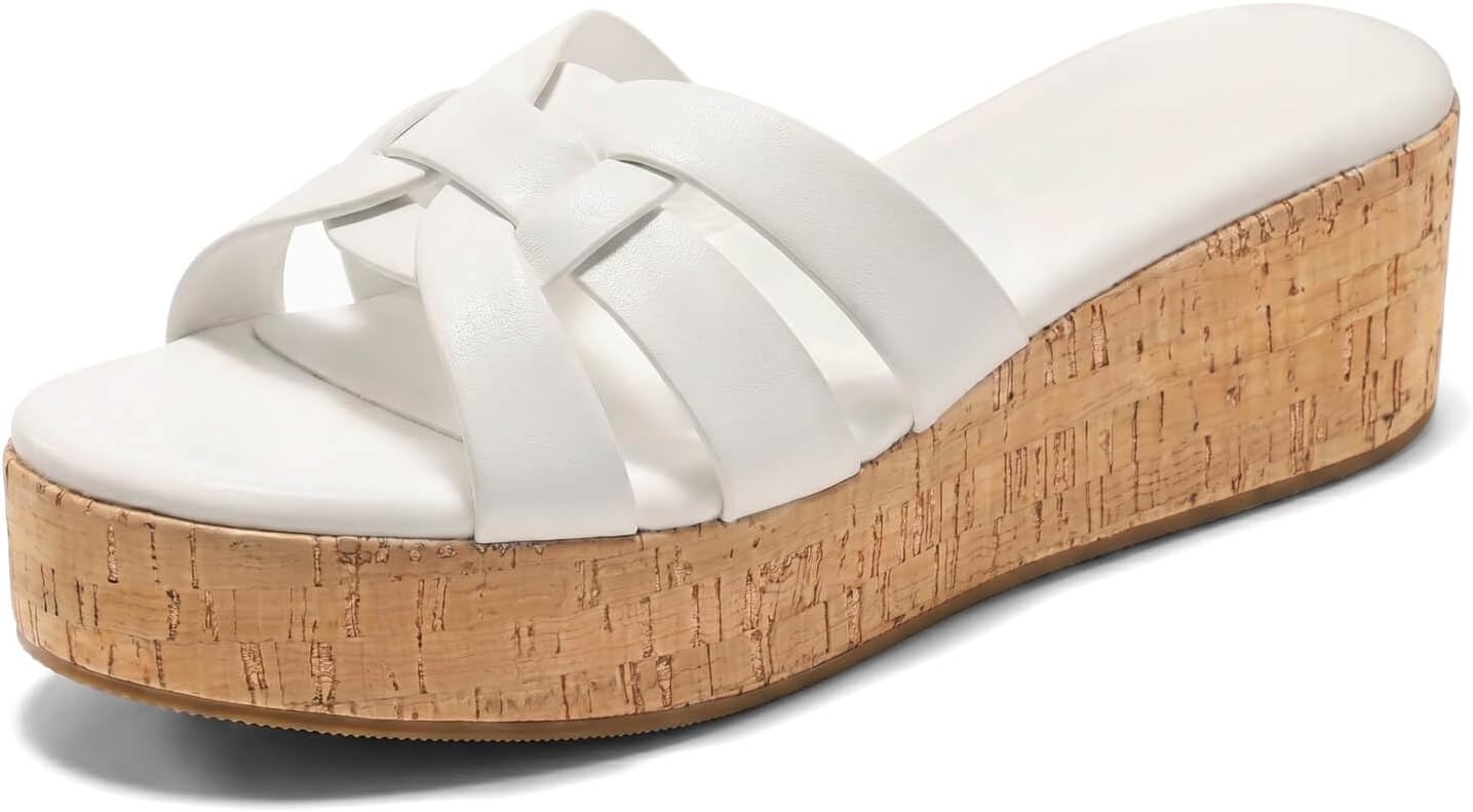 Coutgo Women's Platform Sandals Open Toe Slip On Low Wedge Slides Cork Heeled Beach Vacation Shoes