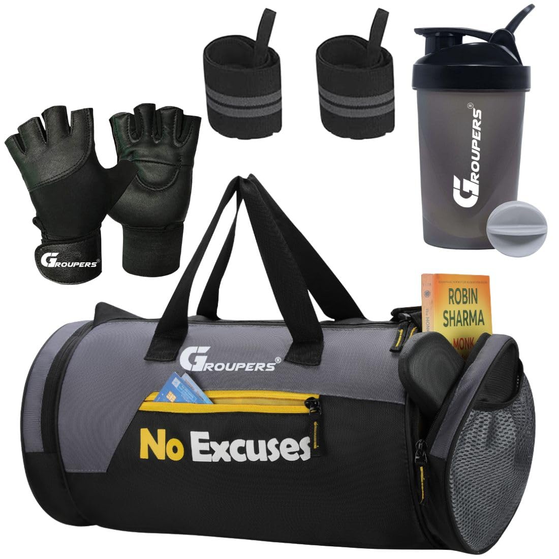 Duffle Polyester Bag NO Excuses with Wrist BandlGloveslShaker Bottle-400 ML (Black)-image-12