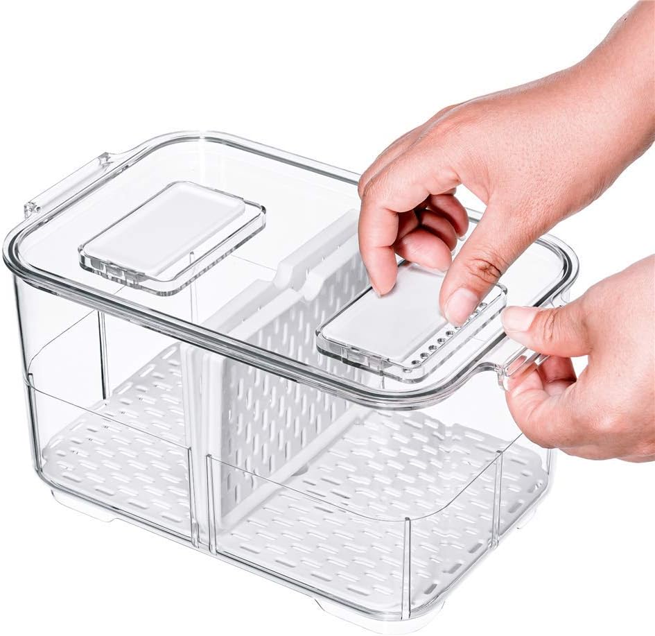 Slideep 9'' Food Storage Containers, 2 Tier Stackable Fridge Produce Saver with Lids, Removable Drain Tray Drawers Refrigerator Produce Keeper with Strainer for Veggie, Berry, Fruits, Vegetables