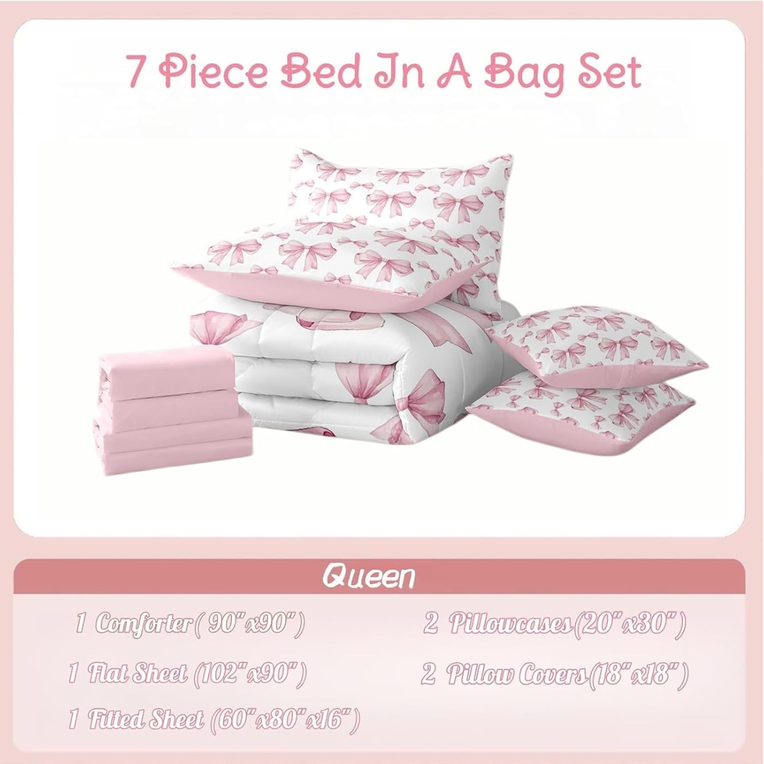 Erosebridal 7 Piece Pink Bowknot Kids Comforter Set Queen Bed in a Bag,Dreamy Princess Style Kids Girls Bedding Set for Women,Girly Bow Tie Bed Set,Romantic Valentine's Day Sheet Set Reversible Quilt