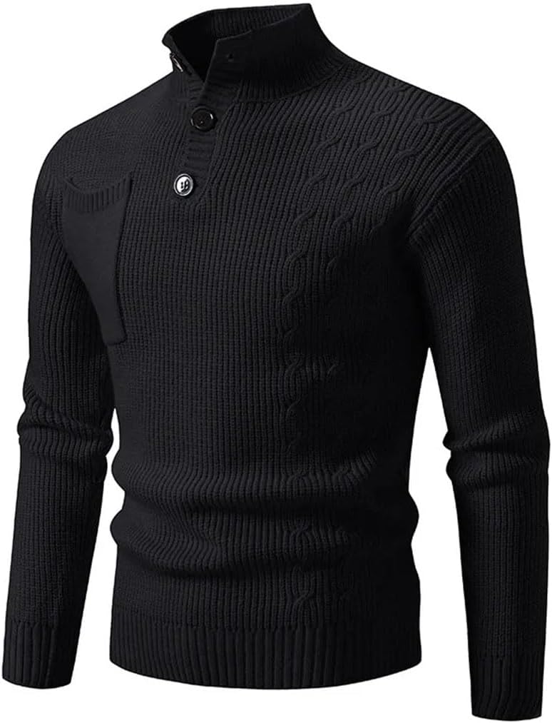 Men's Autumn Winter Fashion Stand Collar Pullovers Long-Sleeve Solid Color Casual Pockets Knitted Sweater