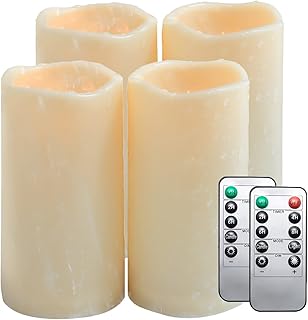 Lezonic Outdoor Waterproof Flameless Pillar Candles, LED Battery Operated Candles with Timer and Remote, Pack of 4 Ivory Flickering Flameless Candles Warm Yellow Light(D:3.25×H:6) for Patio Lanterns