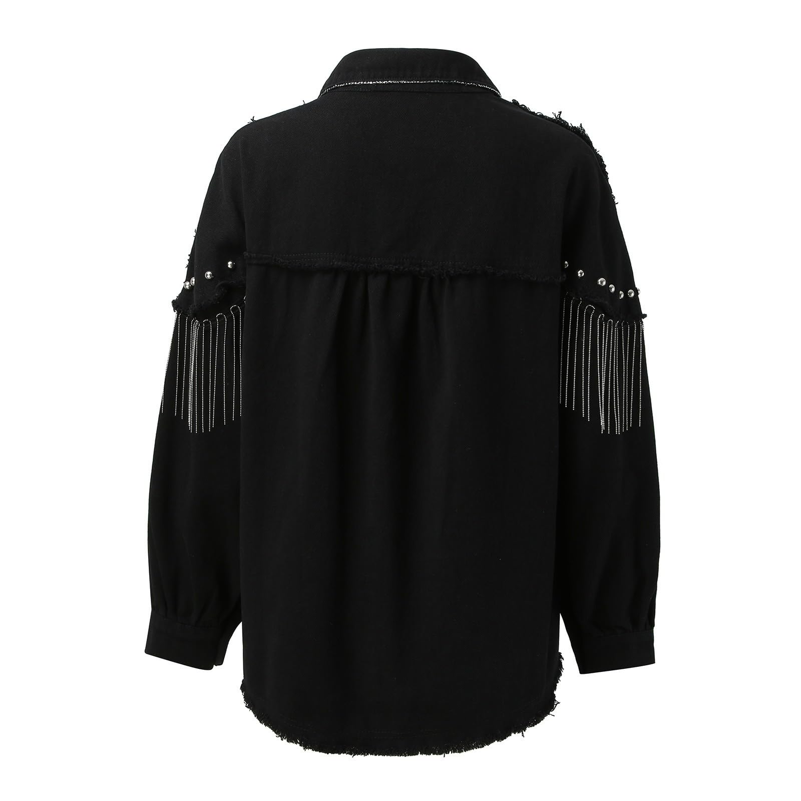 Jeansjacke Damen Oversized Denim Jacke Lässige ausgefranste Quaste Schwarze Jeansjacke für Frauen Mode Fransen Strass Cowgirl Jeans Mäntel Cowgirl-Jeansjacke Langarm Strickjacke Streetwear