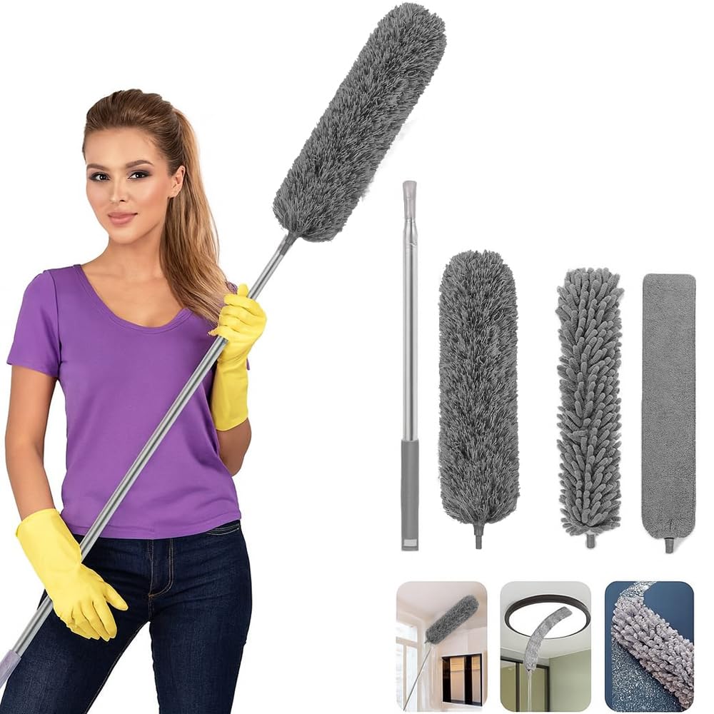 AMERTEER 4PCS Microfiber Feather Duster kit with Extendable Pole, 30-100inches | Portable Dust Cleaning Brush, Removable and Washable Fiber Brush for Cleaning Ceiling Fan, Blinds, Furniture