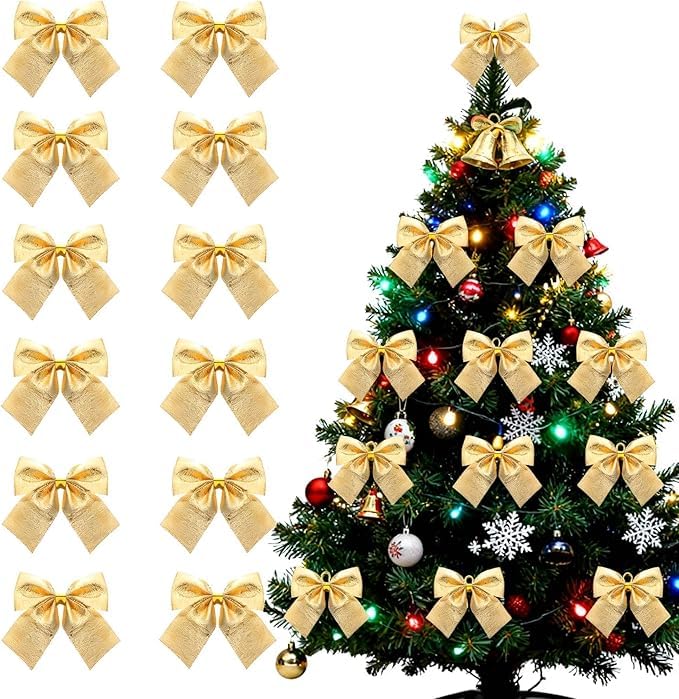 24pcs Sparkling Christmas Bow Ornaments, 5.08cm Mini Sequin Bows for Tree Decoration, Ribbon Glitter Accents, Perfect for Holiday Home & Party Wreaths, Gift Wrapping Accessories