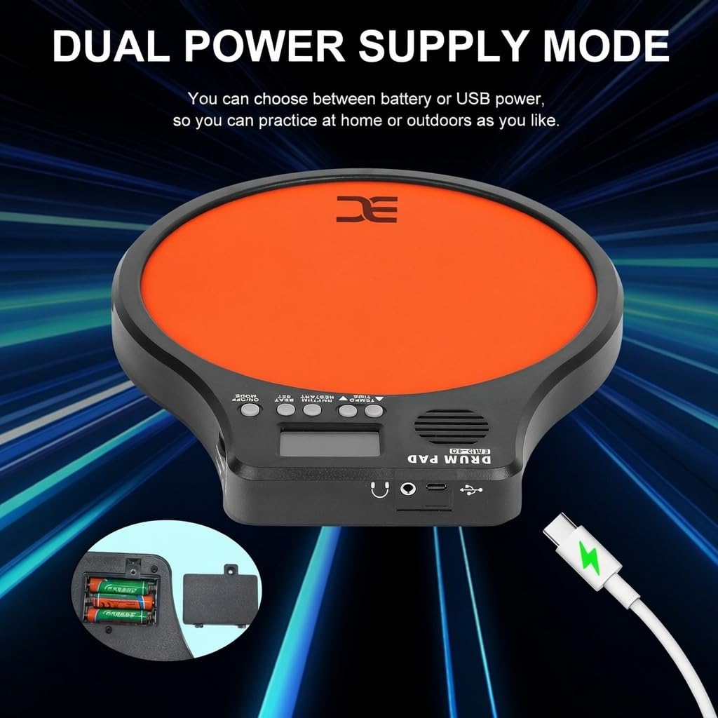 EX [3-IN-1] Tamburo elettronico digitale portatile, con [metronomo, rilevamento della velocità e conteggio dei tappi] 10 ″ TPR Practice Pad, arancione