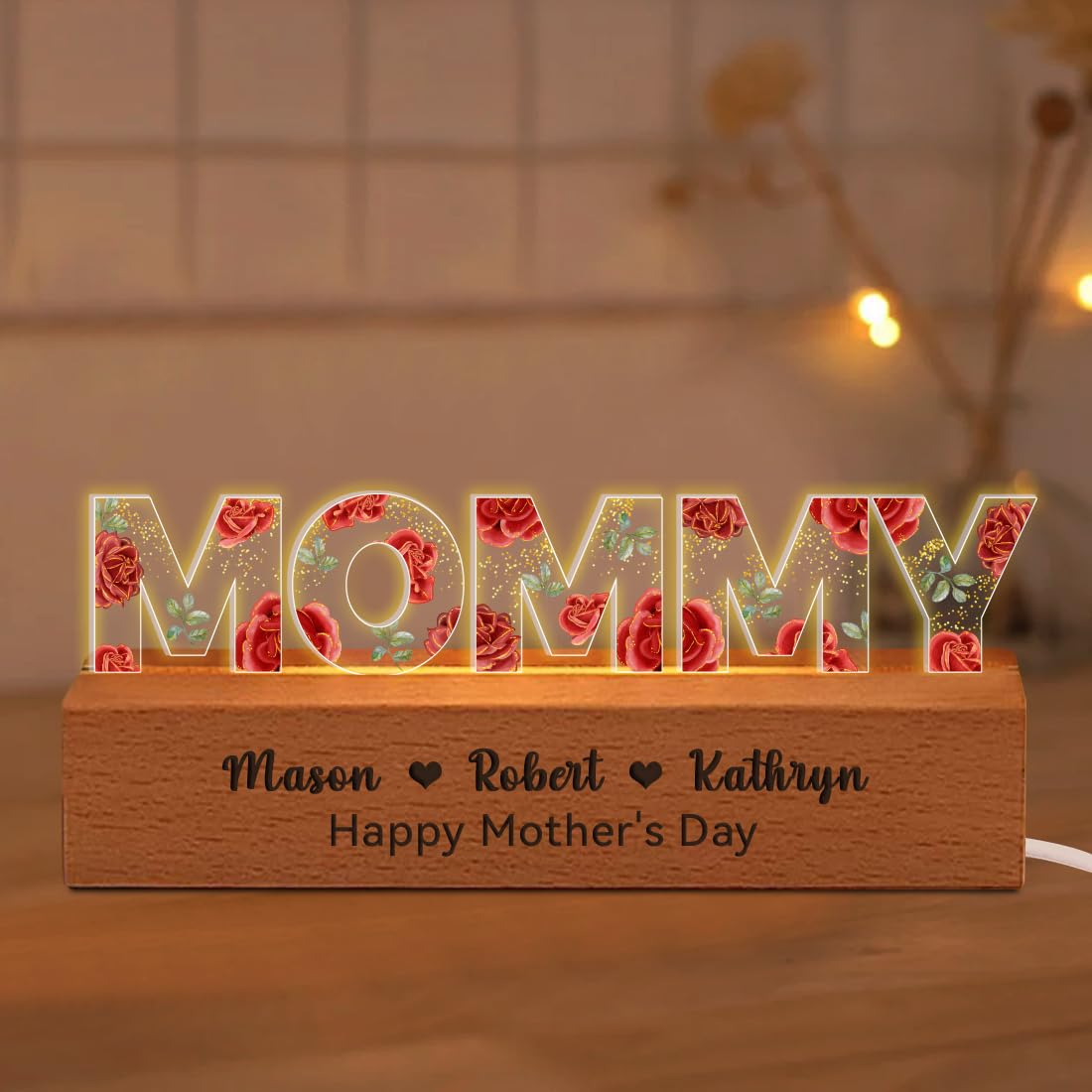 MHJUFGD Personalised Mom Flower Lamp Custom Flower Printed Led Night Light Personalised Mom Name Lamp Gift for Mom Grandma Wife Mother's Day Birthday Christmas (15 * 9cm,Style 14)