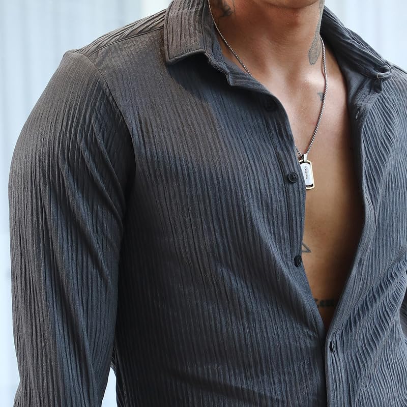 Image of CAHOOT Men's Hexagon-Lined Shirt | Casual Wear | Spread Collar | Long Sleeve | Button Closure | Shirt Crafted with Comfort Fit for Everyday Wear