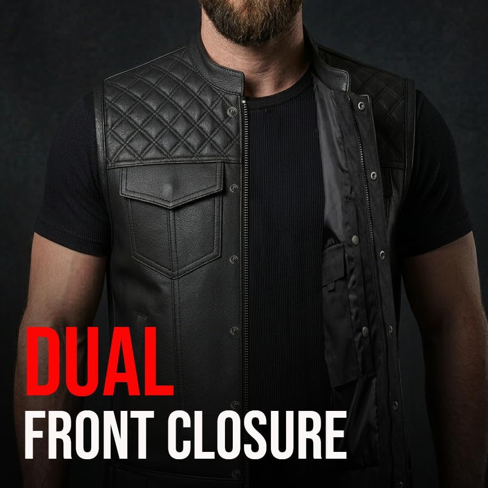 Jackets 4 Bikes SOA Men's Motorcycle Vest, Geniune Buffalo Leather, Back Armor, Inside Pockets, Motorbike Riding Club Vests Black 3XL