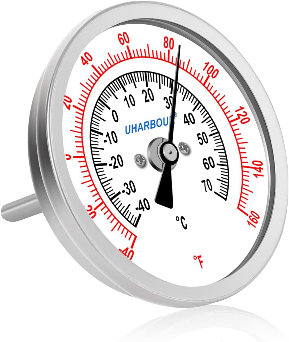 Water Temperature Gauge, 3" Dial Fully StainlessSteel Water Temp Gauge, Water Thermometer with 2-1/2" Stainless Steel Stem, -40 to 160°F, 1/2" NPT Back Mount