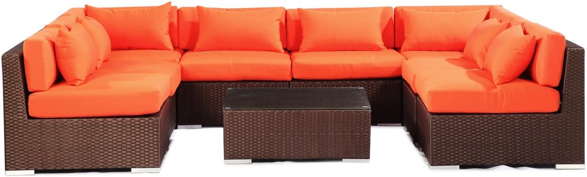 Espresso Wicker Outdoor Garden Furniture Modern Sofa Sectional Modify-It Aloha Oahu 9 Piece Set, Orange