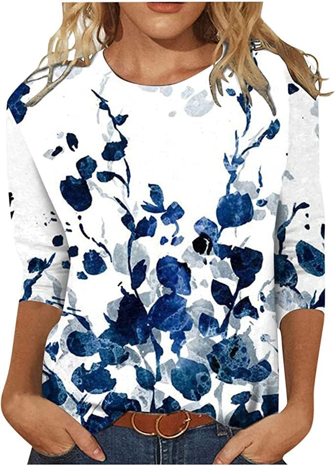 3/4 Sleeve Tops for Women Casual Summer Floral Print Blouses Loose Fit Crewneck Fashion Tops