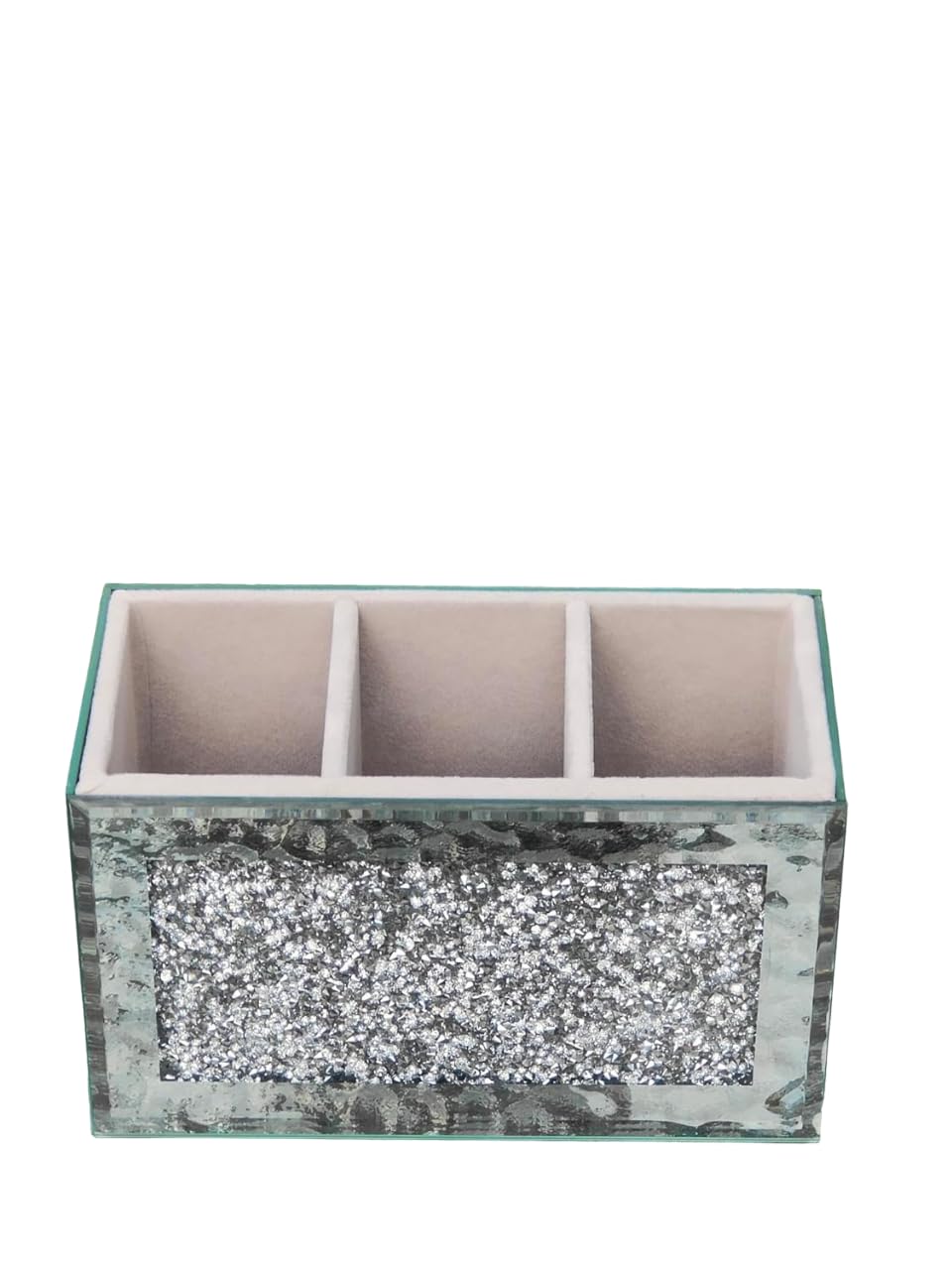 EagleWiz Crushed Diamond Jewel Brush Holder Organiser Beauty Box, 3 Compartment Makeup Storage Box, Silver