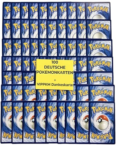 Paquete original de cartas de Pokemon con 100 cartas de Pokémon diferentes en alemán, juego de cartas coleccionables de Pokemon con holo Pokémon y tarjeta de agradecimiento VIPPKM® compatible con