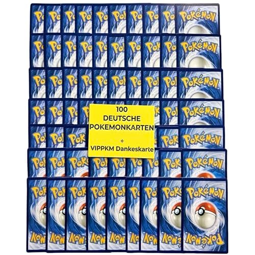 Pokemon Karten original Paket mit 100 verschiedenen Pokemon Karten deutsch - Pokemon Sammelkarten Set mit Holo Pokémon Karten Plus VIPPKM® Dankeskarte kompatibel mit Pokemon Karten Gold original