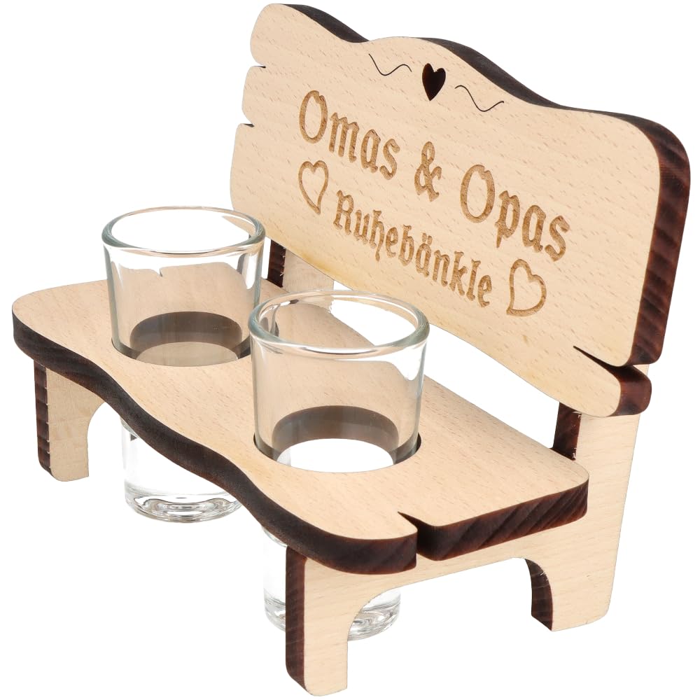 Spruchreif Schnapsbank „Omas und Opas Ruhebänkle“ – Holz Schnapsbank mit 2 Gläsern – Schnapsglashalter mit Herz-Ausschnitt – Geschenk für Großeltern