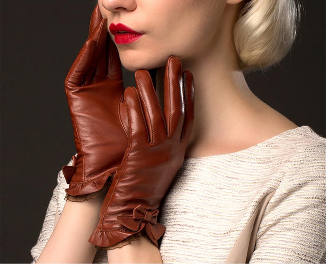 Gants En Peau De Mouton Pour Femmes, À La Mode, Avec Nœud En Dentelle, En Cuir Solide, Pour Conduite D'hiver, Garde Au Chaud