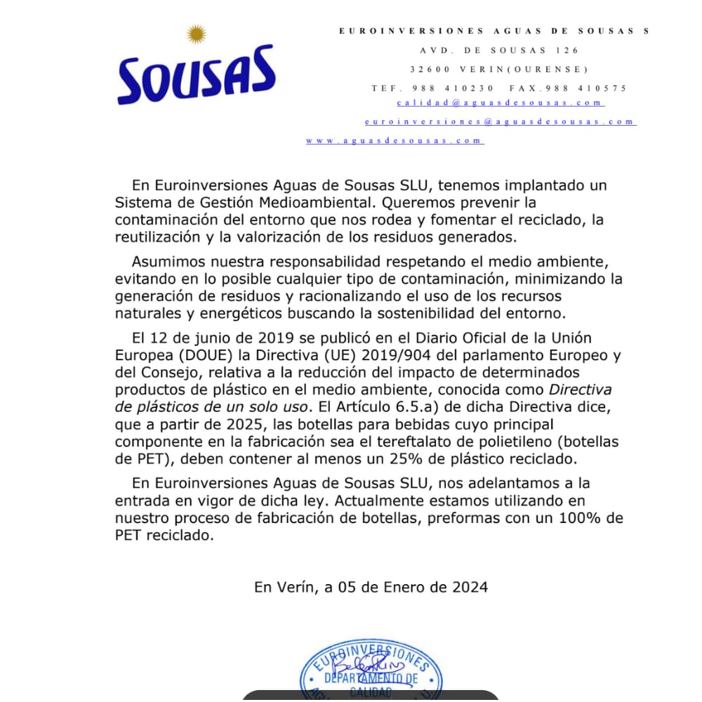 Agua Mineral Sousas Caja 12 Botellas 1.5 Litros Con Certificado Plástico 100 por 100 reciclado