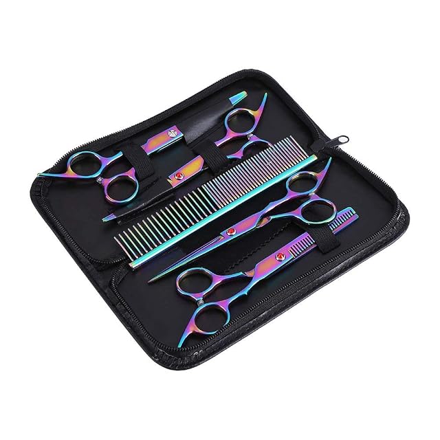 Kit de recortador de mascotas de acero inoxidable de 5 piezas tijeras de aseo para perros juego de tijeras…