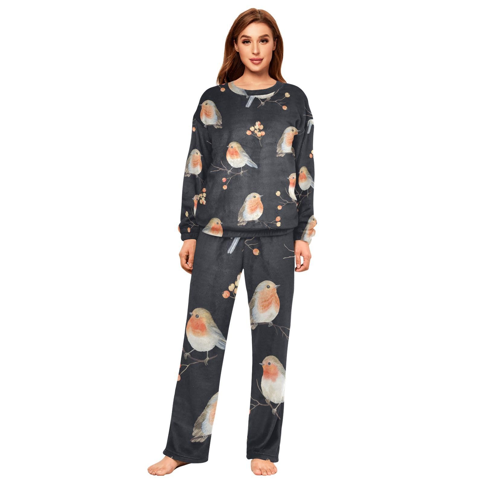 Youjuner Women's Multicolor Pyjamas Sets For Robin Bird Pattern Winter Warm Sleepwear Loungewear Set Pjs Nightwear Set