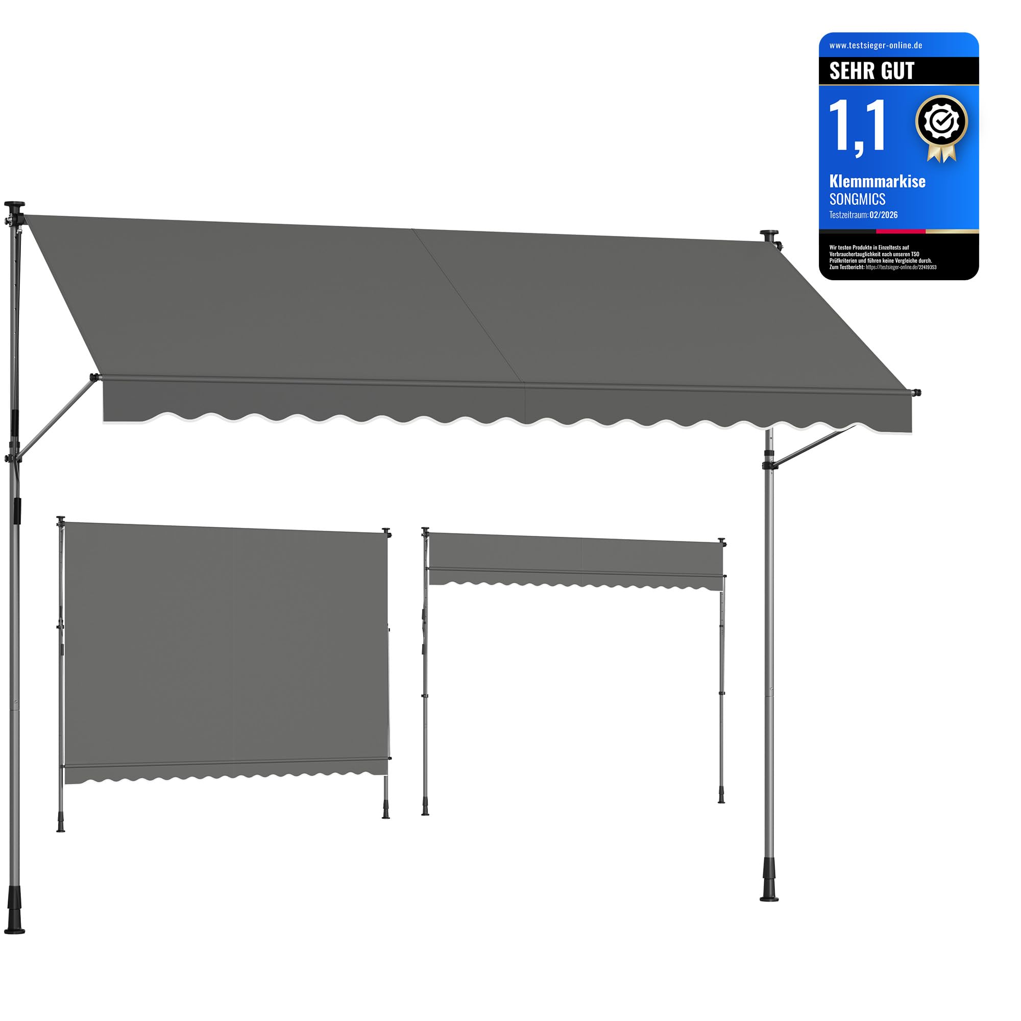 SONGMICS Klemmmarkise, Balkonmarkise, höhenverstellbar, mit Handkurbel, Sonnenschutz, für Balkon, Terrasse, Garten, 350 x 120 cm, anthrazit GSA352G02