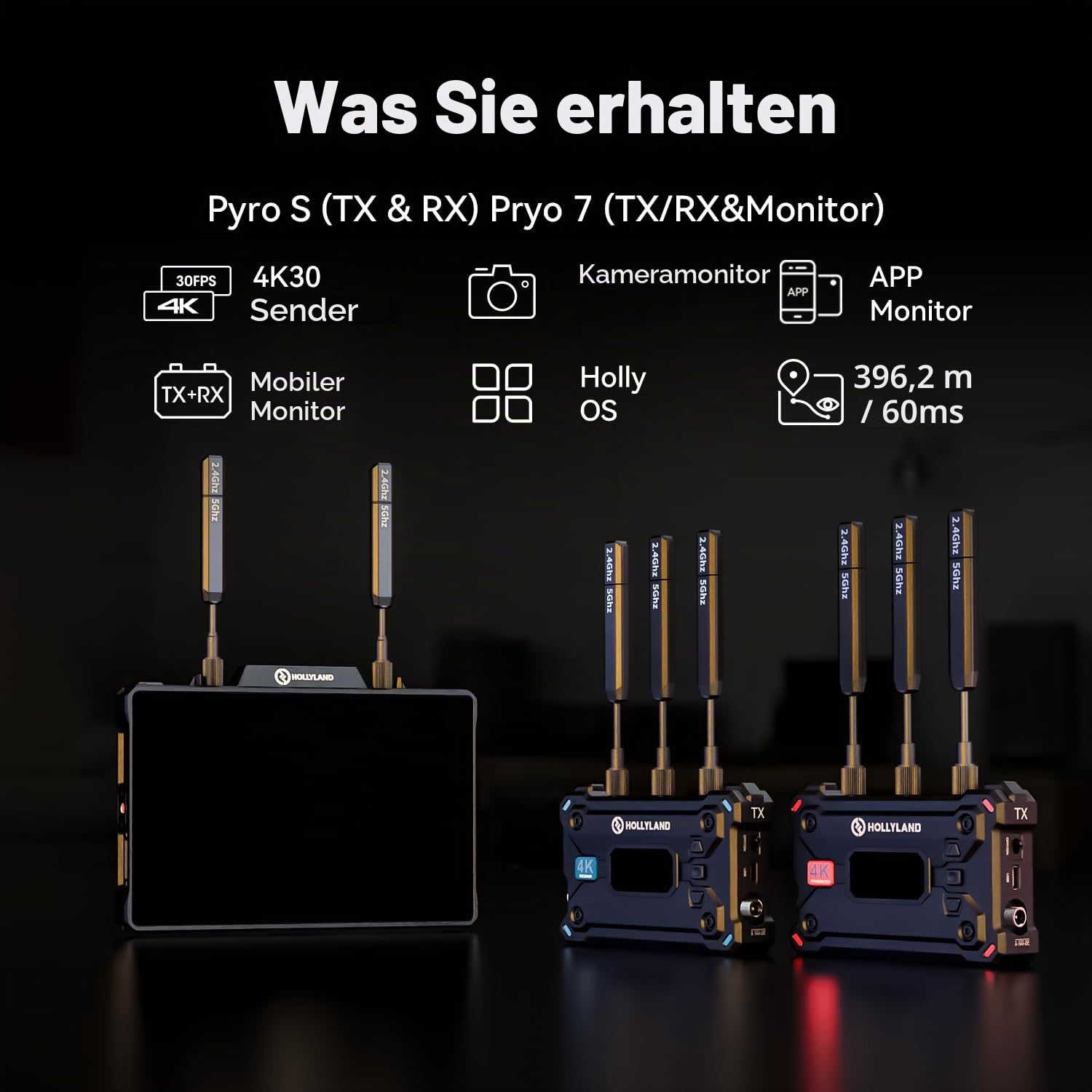 Hollyland Pyro S+ Pyro 7 Kamera Field Monitor SDI&HDMI 4K Video Funkstrecke, 7" 1500nit 400m Reichweite 60ms Latenz Auto Dual-Band Hopping APP Überwachbar Sender/Empfänger/Monitor (1 Set)