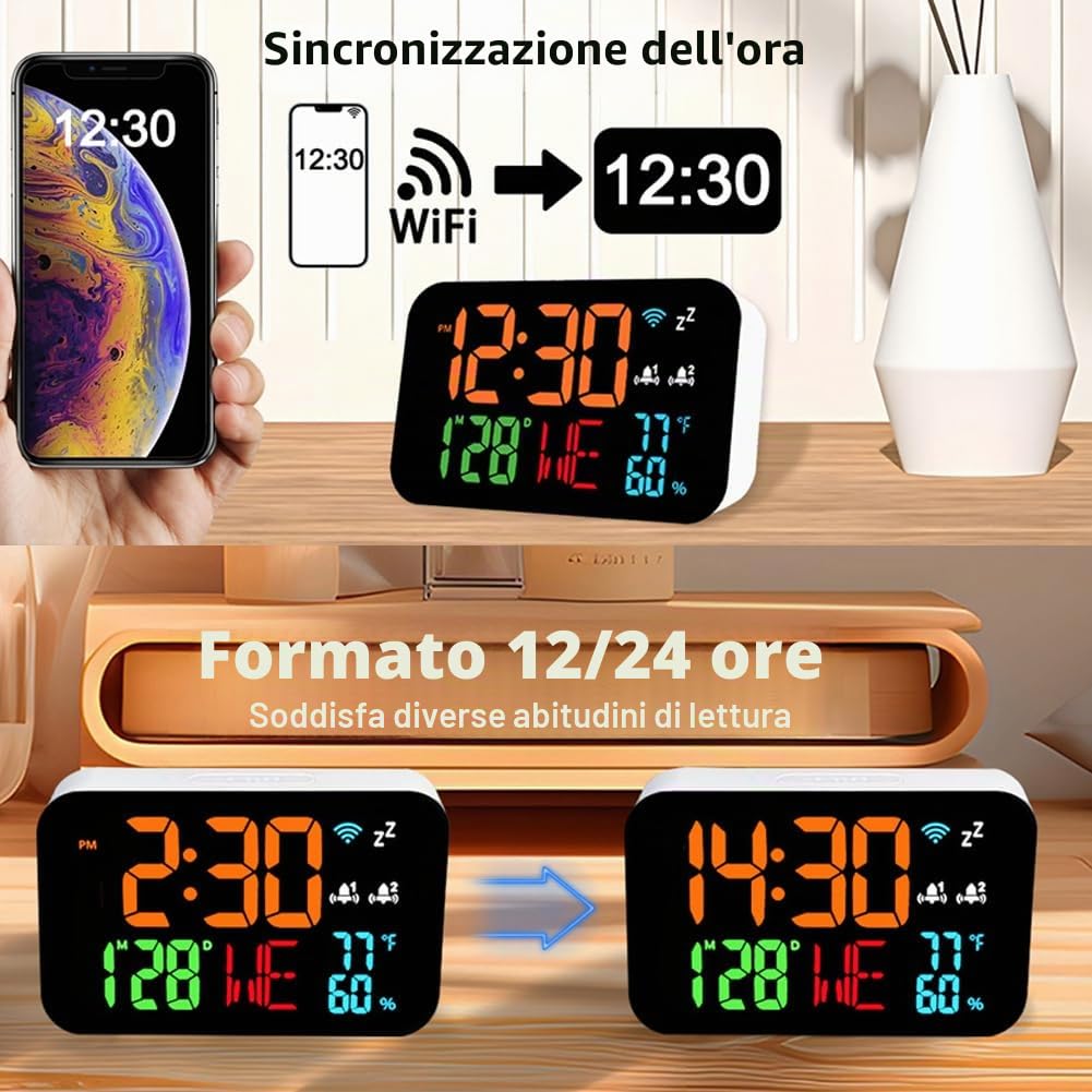 Hanzete Tuya Orologio da tavolo WiFi Calendario Termometro Igrometro intelligente con display digitale a LED Supporto WIFI Auto-Calibrazione/Luminosità regolabile a 4 livelli/APP Visualizzazione