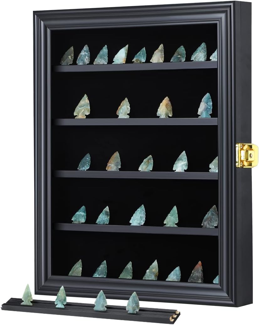 KCRasan Arrowhead Display Case Native American Arrowhead Shadow Box Wall Mount Arrowhead Collection Display Cabinet for Agate Opal Crystal Stone Arrowheads Spear Points Black Small
