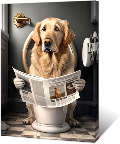 Miniatura 1 de KOEUIRW Divertido lienzo de baño Golden Retriever para pared, póster de perro lindo en el inodoro, impresiones de animales en blanco y negro,