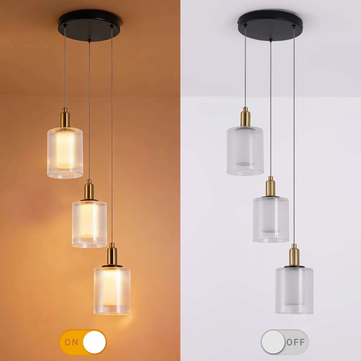 3-Light Modern Pendant Light, Black and Gold Cluster Pendant Light Fixture with Ribbed Glass Shades, 18W Integrated LED 3000K Warm White Chandelier for Kitchen Island Dining Room Stairway