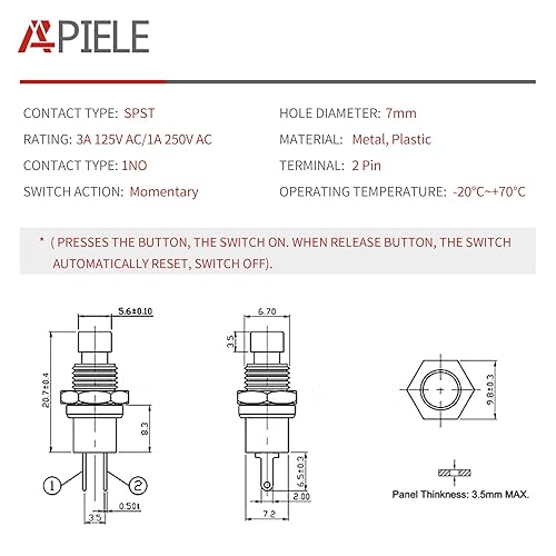 Miniatura 2 de APIELE Interruptor de botón momentáneo 0.276 in SPST 1A 250V AC 2 Pin NO Mini interruptor momentáneo con 7.874 in pre-soldado 10 piezas (rojo)
